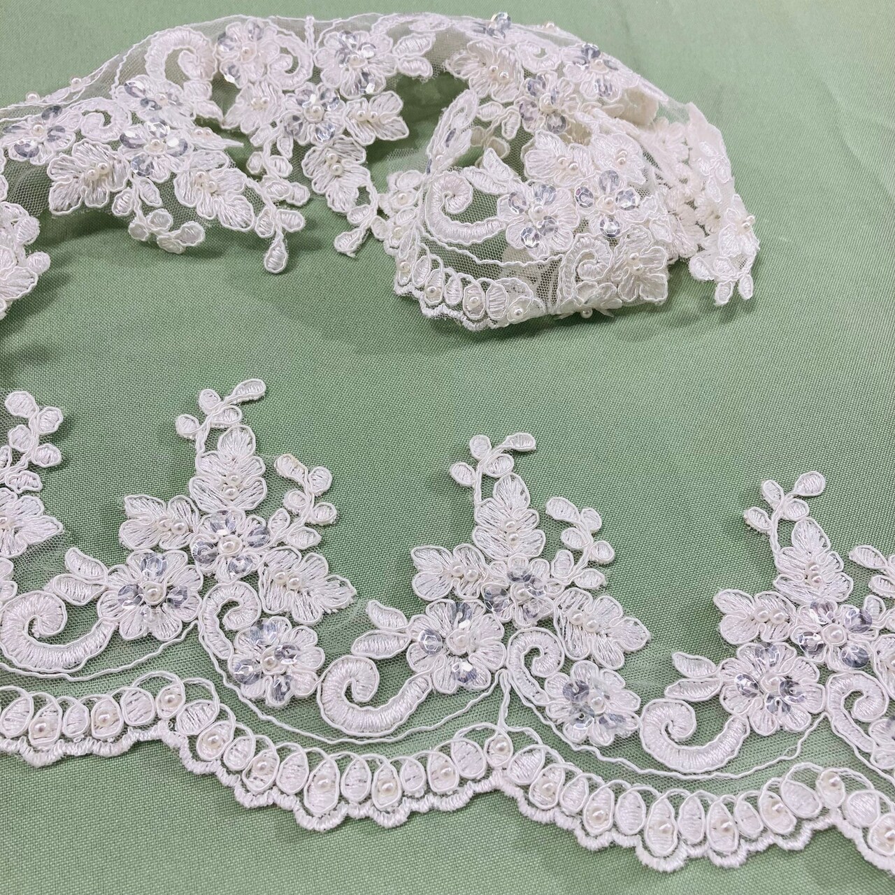1 Yard Beaded & Corded Embroidered Lace Trim 4.5" Wide 100% Polyester Net Mesh for Bridal & Special Occasion